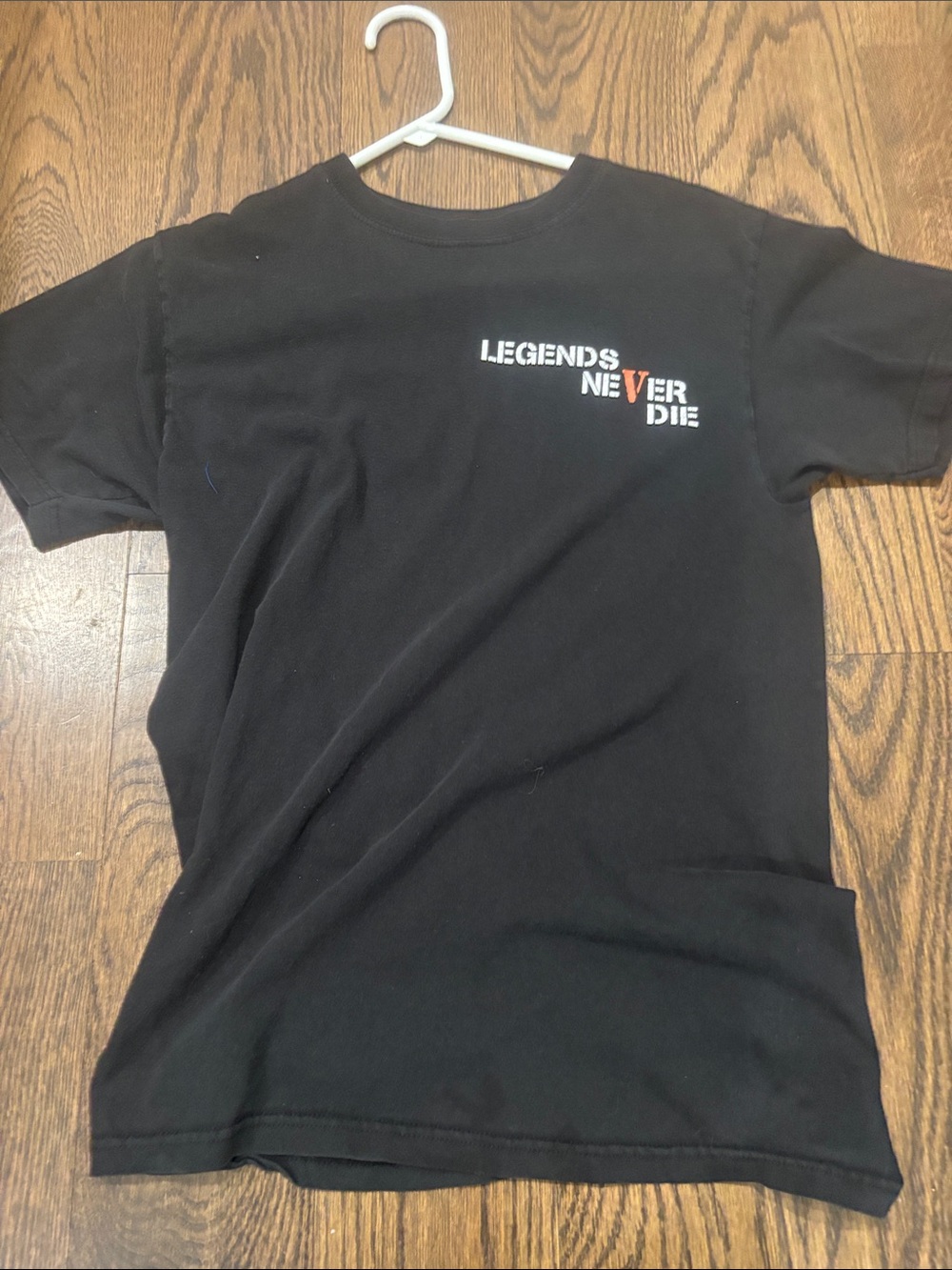 VLONE Black Tee with White Orange "Legends Never Die" Chest Graphic